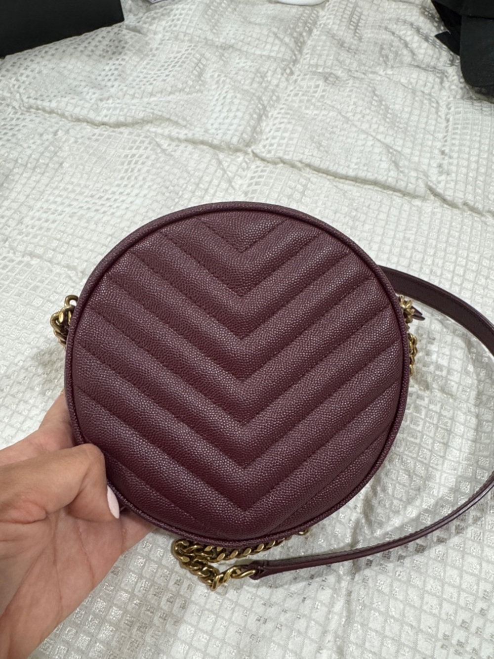 Saint Laurent Wine Quilted Round Crossbody with Gold YSL Chain - Picture 6 of 13